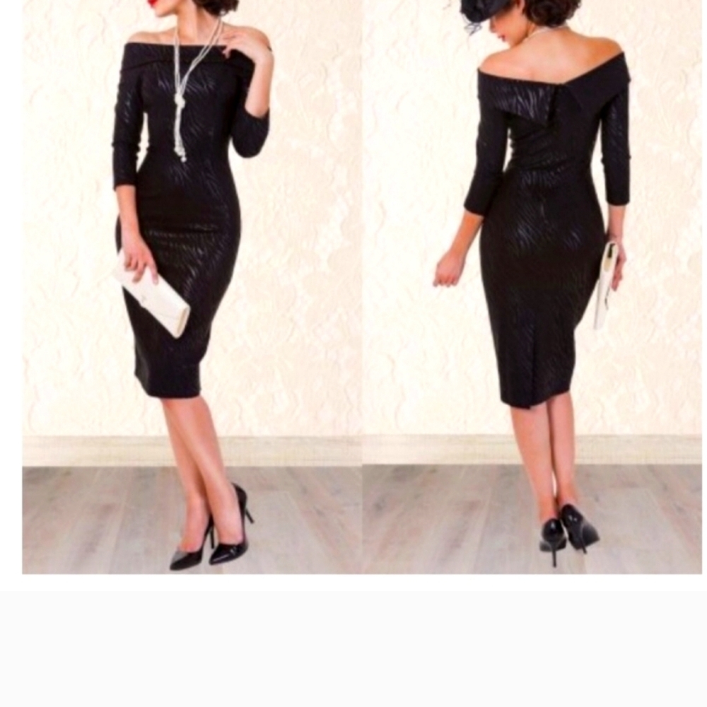 Tatyanna Vntg Black Off-Shoulder Zebra Print Sheath Dress 3/4sleeve Sz S LikeNew